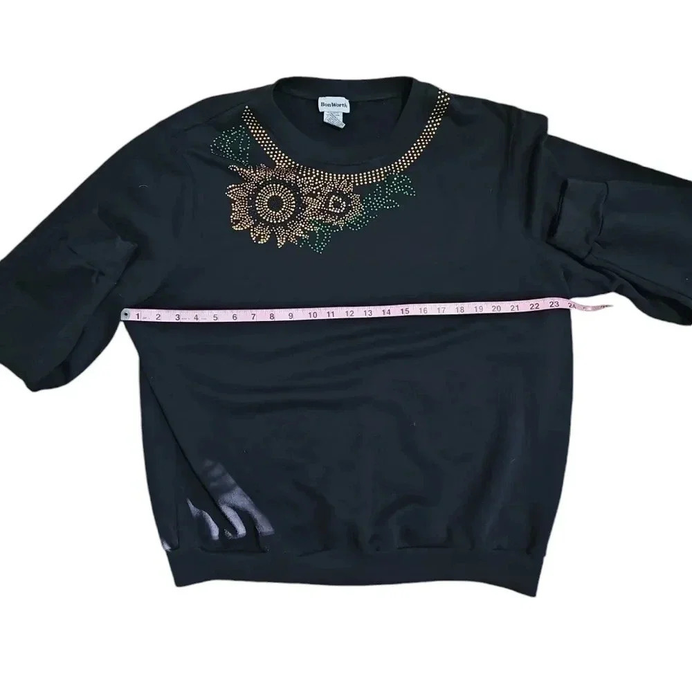 BonWorth Women’s L Black Sunflower Rhinestone Sweatshirt Retro Cottagecore Layer - Picture 6 of 7